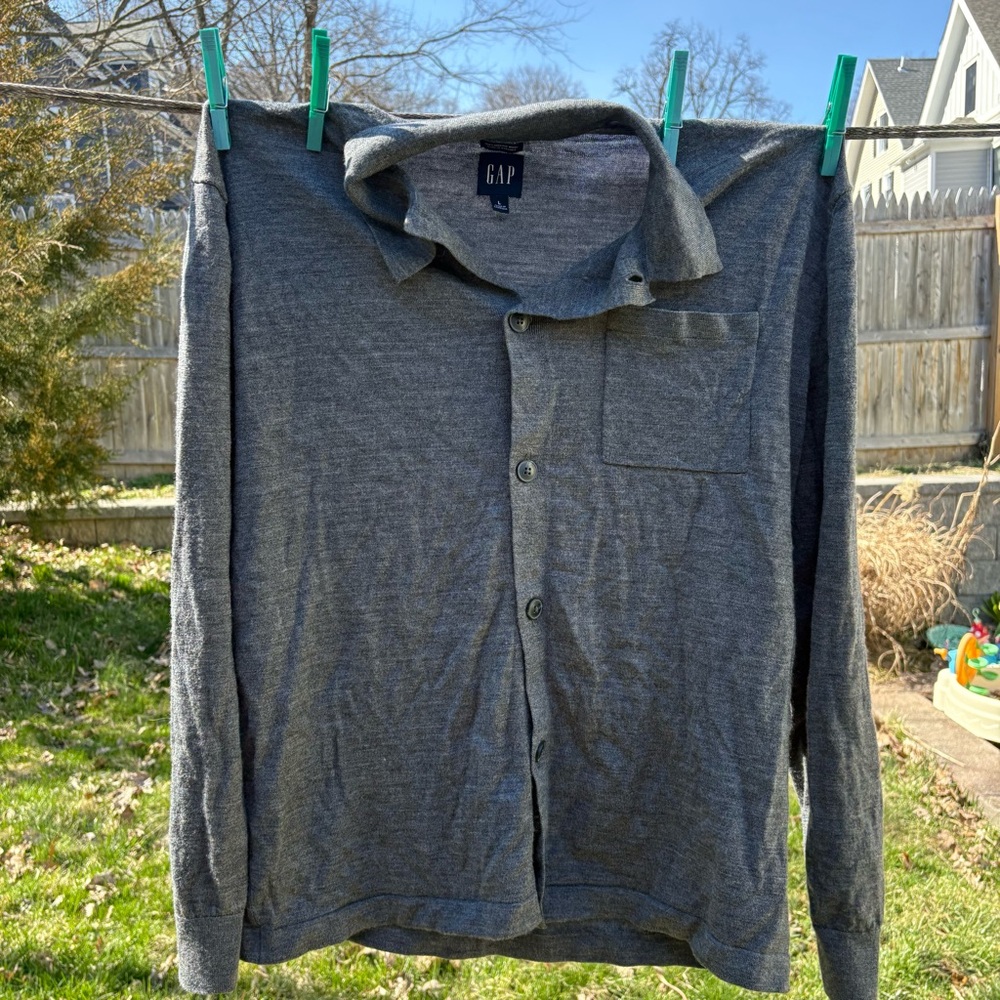 Gap men’s 100% merino wool sweater polo size large gray lightweight knit